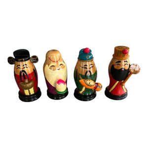 Vintage Set of 4 Chinese Wood Deity Figurines Hand Painted 2.75" Sanxing